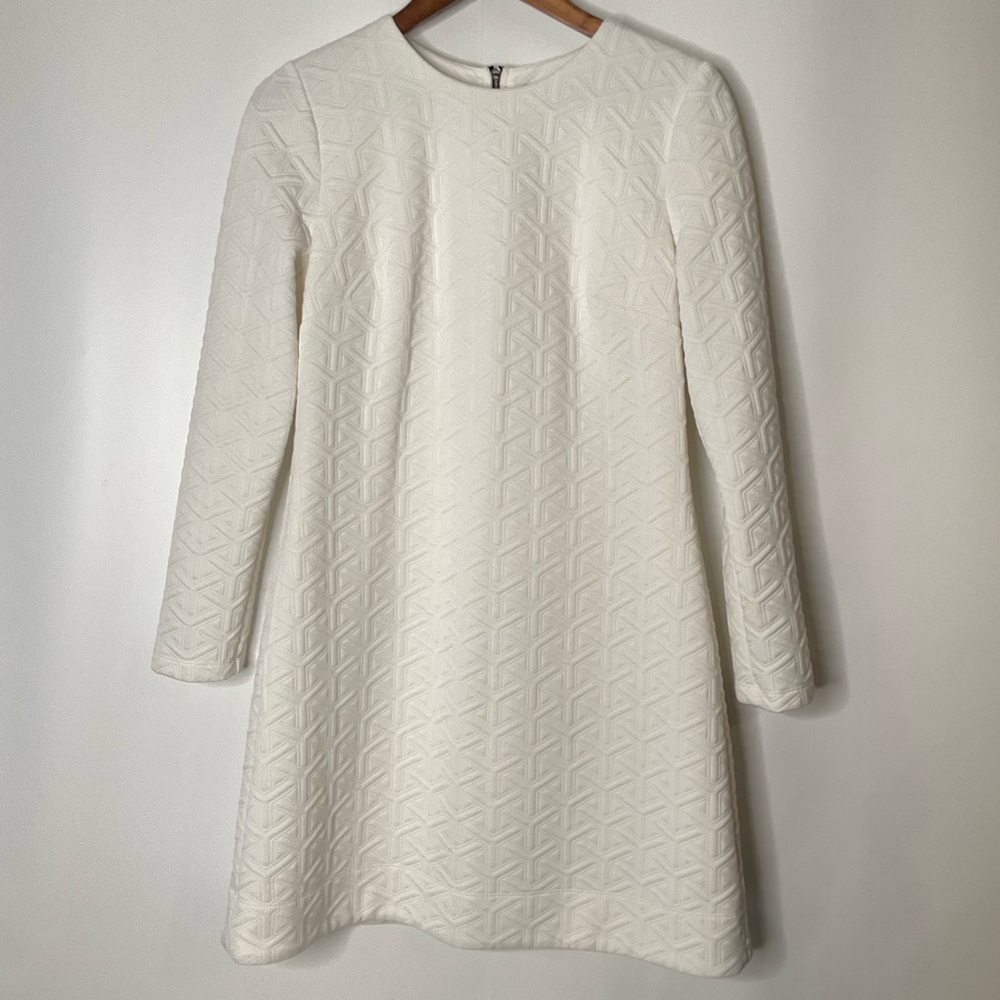 Nordstrom Maia Quilted Winter White Full Back Sexy Black Trim Zipper Dress Sz 12